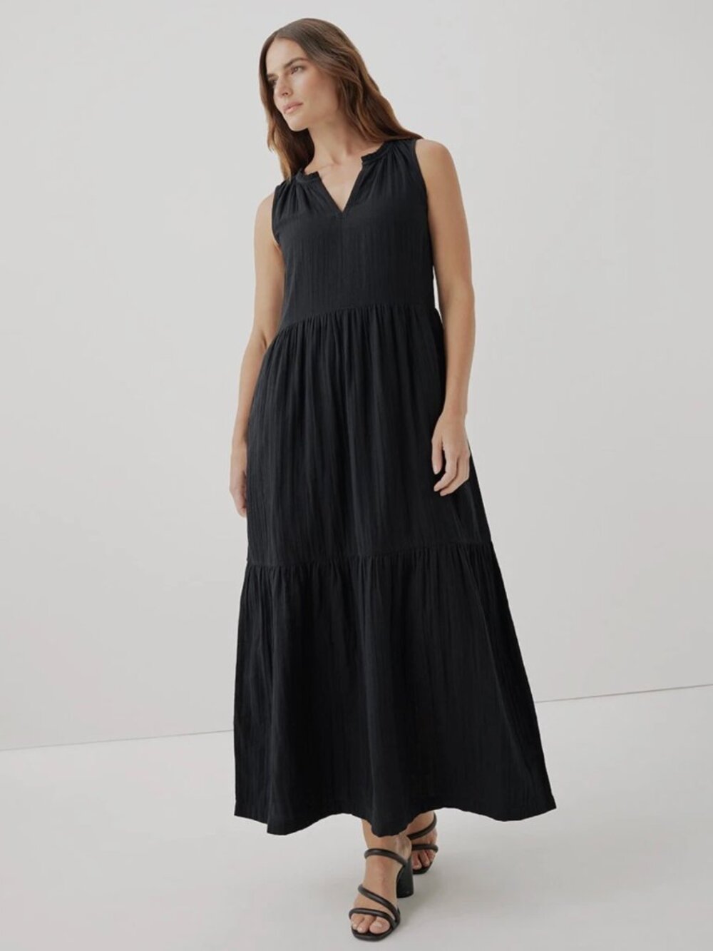 Pact Organic Coastal Double Gauze Ruffle Maxi Dress Black Small